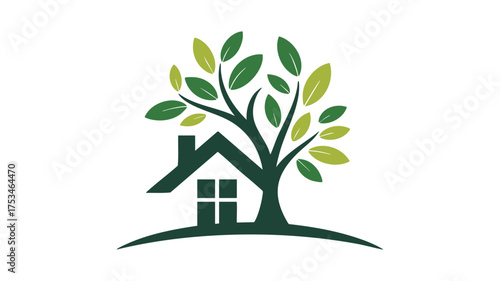 Tree growing from a house symbolizing growth and nature