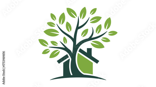 Green house and tree logo symbolizing nature and home