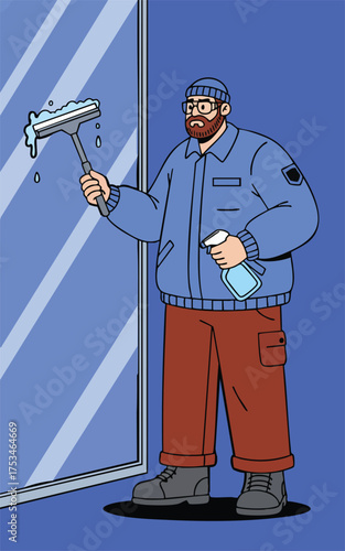 Illustrated man cleaning a window with a squeegee and spray bottle
