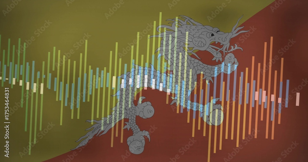 Fototapeta premium Featuring stylized dragon illustration overlaying diagonal color split, with colorful waveform bars