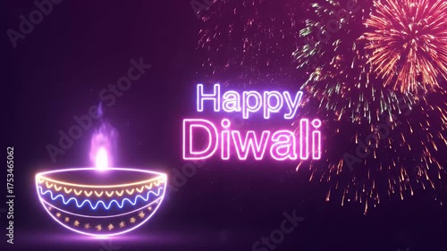 Happy Diwali with Neon Diya and Fireworks Display Keywords: Diwali, happy Diwali, festival of