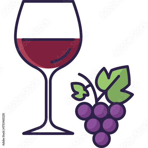 Wine glass with red and grapes illustration alcohol drink beverage fruit vineyard winery food leaf purple