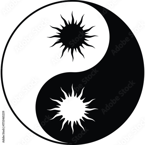 Yin Yang Symbol with Sun Motifs in Black and White balance harmony taoism duality contrast equilibrium circle