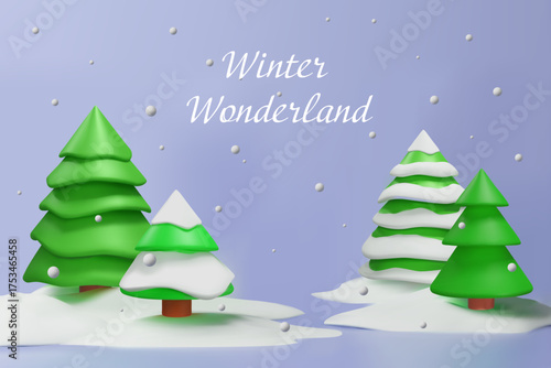 3D Winter forest landscape with stylized green fir trees covered in snow on a light blue background. Christmas cards, New Year posters, seasonal banners, winter design projects.