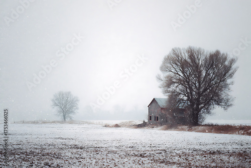 Serene winter farm with rustic barn and bare trees under falling snow creates a peaceful, nostalgic rural landscape scene.