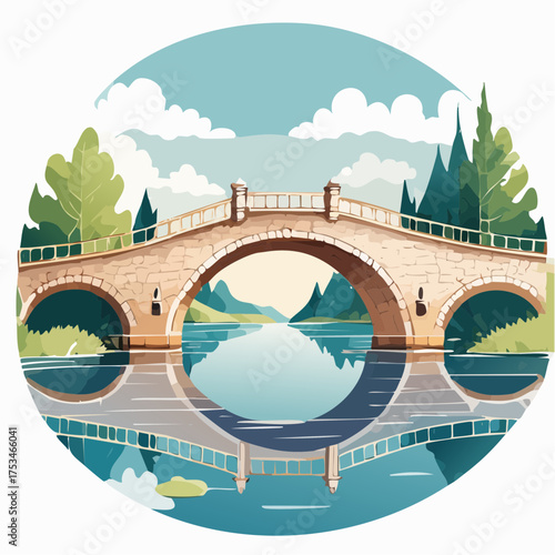 Alte Brücke über einen Fluss mit Spiegelung
