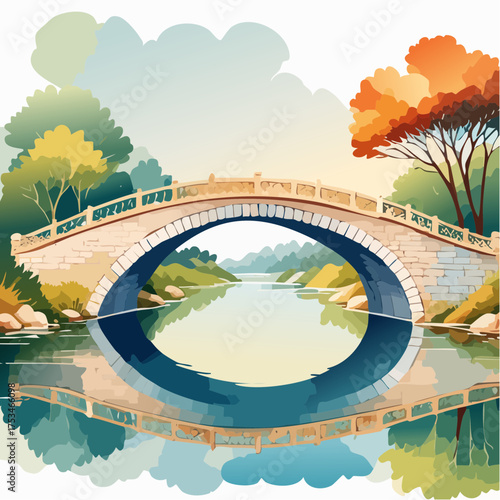 Alte Brücke über einen Fluss mit Spiegelung