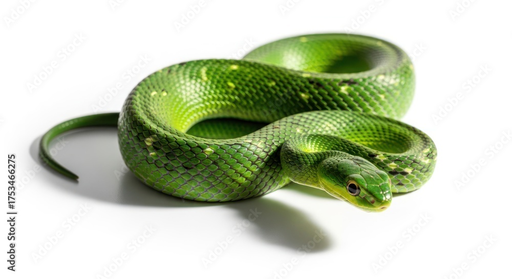 Obraz premium Vibrant Green Snake Coiled on a Clean White Background.