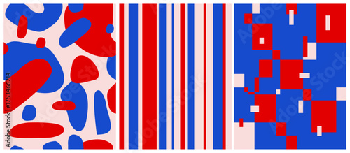 Seamless Vector Patterns With Stripes, Squares And Spots. Abstract tileable design with pink, red and blue shapes, vertical stripes, and a checkerboard grid. Perfect for contemporary design, fabric.