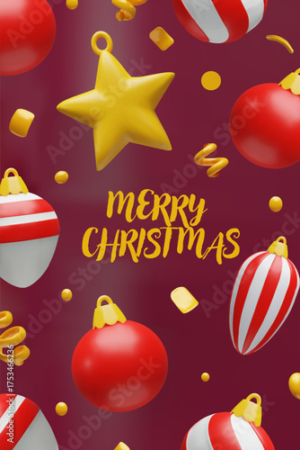 Vertical Christmas poster with 3D red and white baubles, golden star, and festive confetti on a burgundy background. Holiday greeting card design, ideal for Stories, Pins, flyers, seasonal campaigns.