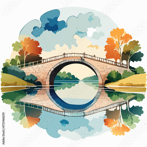 Alte Brücke über einen Fluss mit Spiegelung