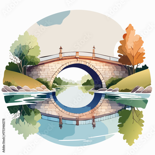 Alte Brücke über einen Fluss mit Spiegelung