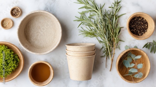 Wallpaper Mural Natural Kitchen Ingredients Including Fresh Herbs and Wooden Bowls on White Marble Surface Torontodigital.ca
