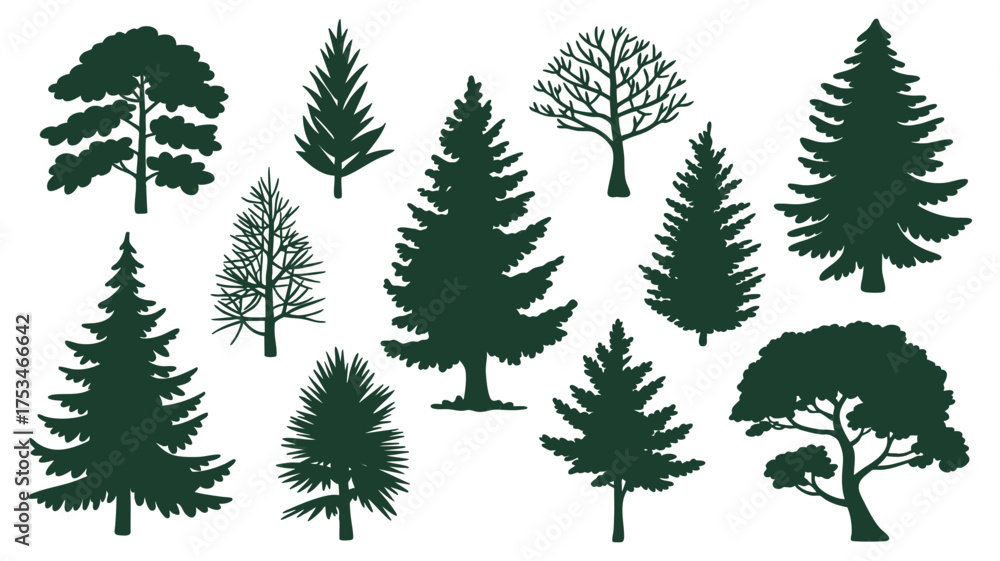 Obraz premium Collection of diverse evergreen and deciduous tree silhouettes