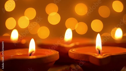 Row of lit clay diyas with soft orange bokeh lights in the background lamps candles