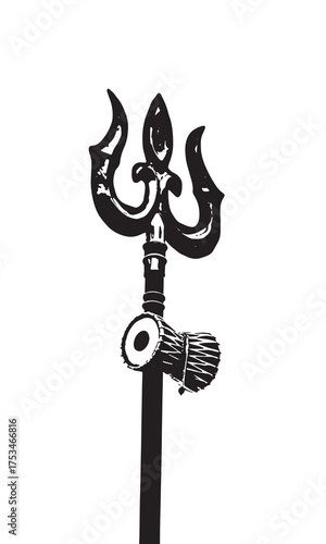 Black and white vector illustration of Lord Shiva’s Trishul with Damru, symbolizing divine power, spirituality, and Hindu faith. Ideal for religious art, posters, and cultural designs.