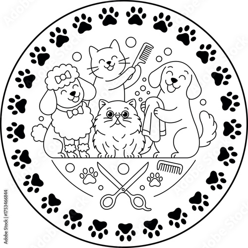 Illustration of pets being groomed isolated on white background