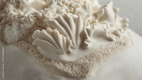 This plush seashell pillow has a scallop texture design with a detailed velvet ridge, as seen in a macro shot, and is suited for neutral coastal decor with a soft beige color palette