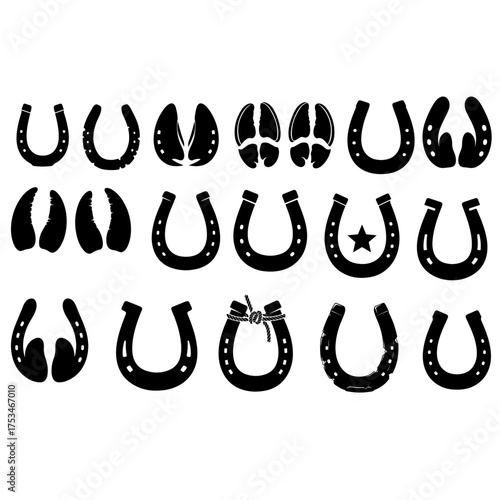 Horseshoe and Hoof Print Silhouettes Vector Icon Set for Design, Rustic Western Graphic: Vintage Farm Animal Tracks and Symbols, logo design, mascots, ranch emblems, Western themes, or any project.