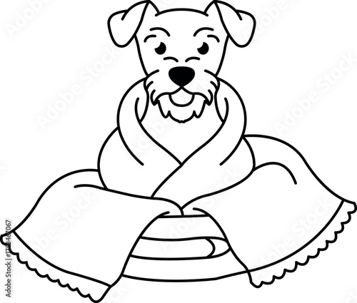 Illustration of a dog wrapped in a towel isolated on white background