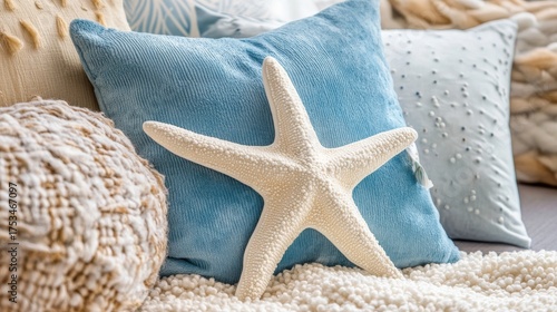 The ultra close macro of a plush starfish pillow displays pastel suede texture against a sand colored rug evoking a coastal interior vibe