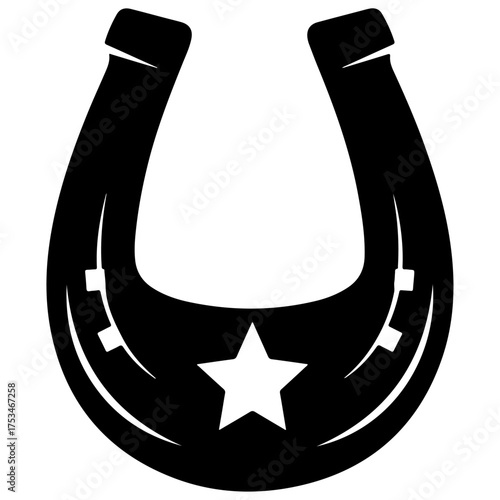Black Horseshoe with Star Silhouette Vector Icon for Western Design, Isolated Lucky Charm Graphic: Equestrian Symbol with Star Emblem, ranch branding, country themes, equestrian sport.