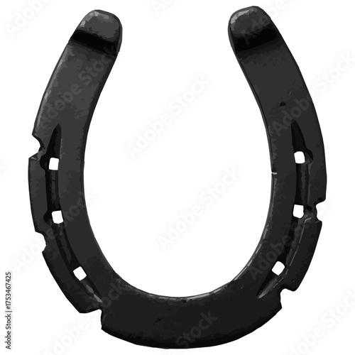 Isolated Black Horseshoe with Drop Shadow on White Background, Realistic 3D Render of a Metal Lucky Charm Symbol for Equestrian Design, Western themes, farm branding, mascot logos, minimalist design.