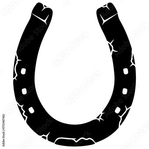 Rustic Vintage Horseshoe Silhouette Vector Icon with Cracked Texture, Isolated Black Grunge Graphic of an Old Lucky Equine Symbol, logo, emblem, or design element for themes related to Western culture