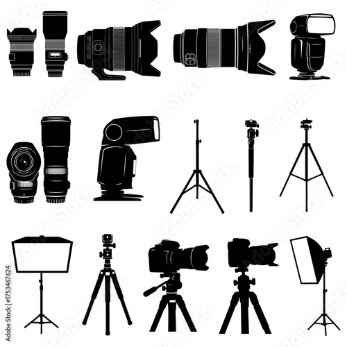 Professional Photography Equipment Silhouettes Vector Icon Set and Bundle, Black Graphic Collection: Camera Lens, Flash, and Tripod Outlines, logo design, banners, websites, or media projects related.