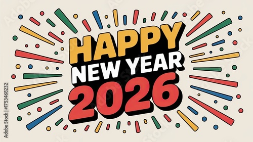 Vibrant and festive happy new year 2026 graphic with colorful rays emanating from the text, perfect for greeting cards and celebratory designs.
