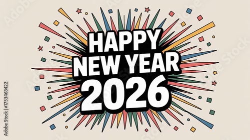 Eye-catching happy new year 2026 graphic with burst of colorful rays, ideal for adding a festive touch to cards and celebratory designs.