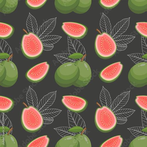 Fresh guava fruit seamless pattern. Exotic guava repeat design. Tropical fruit background.