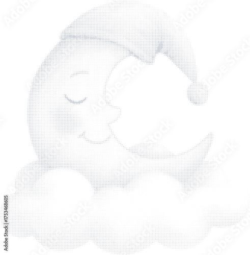 Cute sleeping moon character with a cap resting on a cloud. A sweet nursery or lullaby illustration in a retro pop art style with a halftone dot texture. Vector graphic.