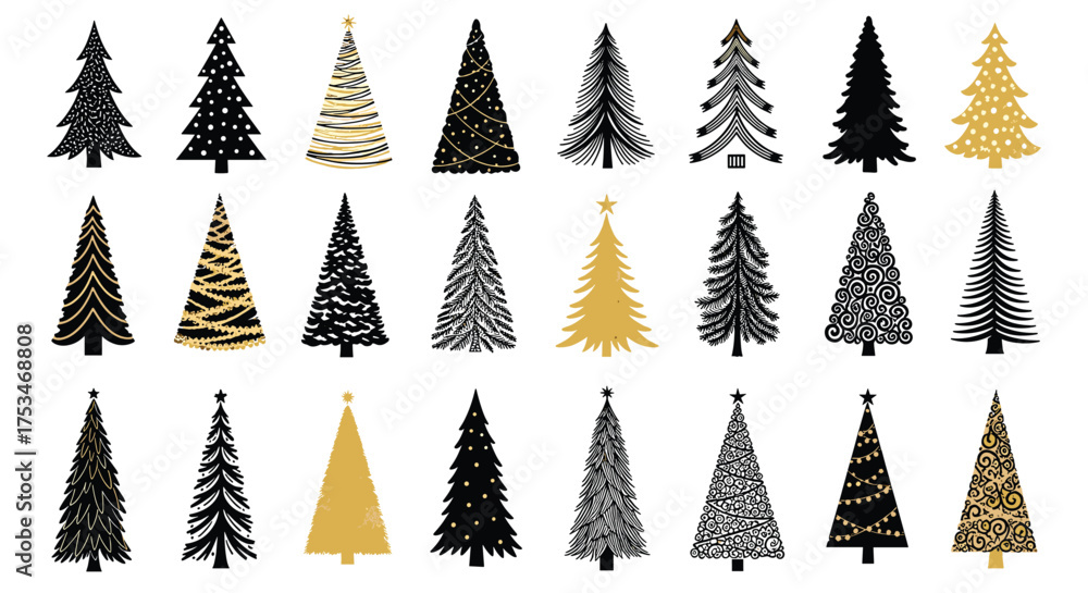 Obraz premium Elegant Christmas Tree Collection: Black and Gold Holiday Decor, Festive Designs for Cards, Invitations, and Christmas Backgrounds, Celebratory Winter Season Graphics