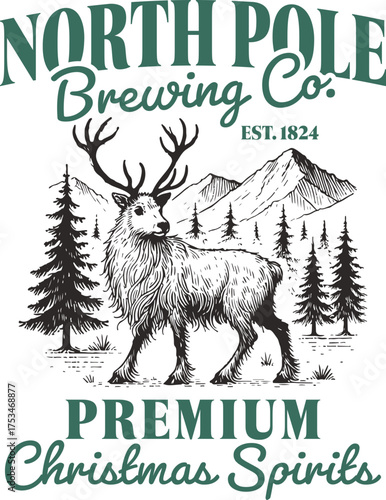 North Pole Brewing Co. Logo with Reindeer and Quote "Premium Christmas Spirits" – Vintage Holiday Beer Label Design for Festive Apparel, Gifts, and Barware