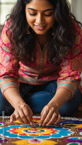 Smiling Indian woman creating colorful rangoli design during Diwali festival celebration at home