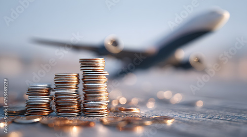 Aircraft and stacked gold and silver coins