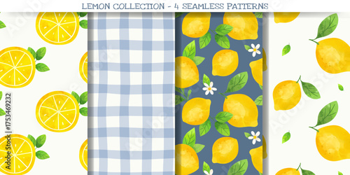 Lemon seamless patterns. Watercolor citrus backgrounds with fruits, leaves and flowers. Bright and fresh summer design.