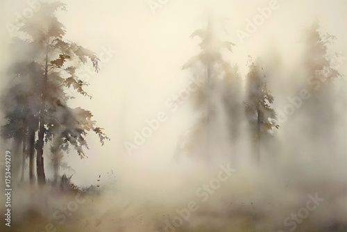 Soft watercolor painting of distant trees fading into morning fog. Minimalist composition in gentle beige and grey tones creates a calm, poetic atmosphere for wall art and decor
