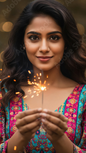 Beautiful Indian woman holding sparkler with warm smile during Diwali festival celebration in traditional outfit