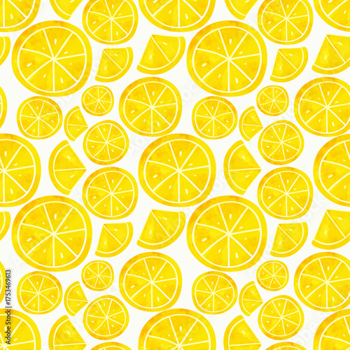 Watercolor lemons seamless backgrounds. Handpainted citrus pattern with cut lemons, slices.