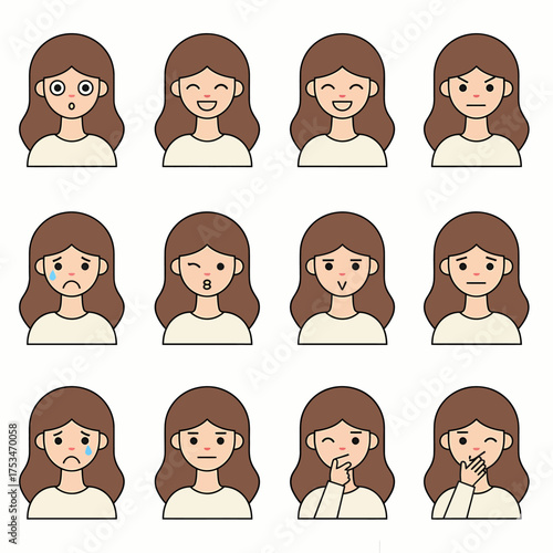 Expressive collection of cartoon female avatars showcasing a diverse range of human emotions, moods, and facial expressions, perfect for digital communication and design