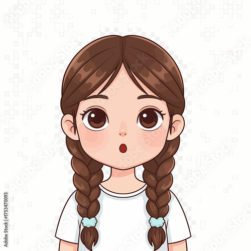 A charming cartoon portrait of a young girl with long brown braids, wide brown eyes, and a surprised expression on her face. Vector character avatar
