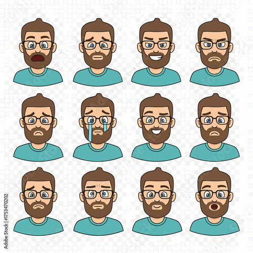 Bearded Man's Emotional Spectrum Cartoon Face Expressions Set