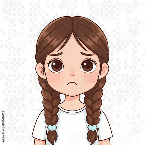 Illustration of a sad young girl with brown braided hair looking disappointed and upset. Cartoon character with a sorrowful expression