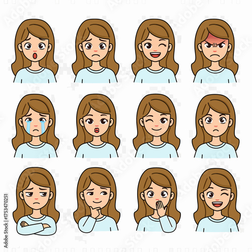 Cartoon Girl Expressing Emotions A Set of Twelve Illustrations