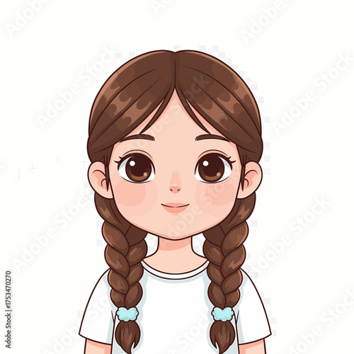Charming cartoon girl avatar with braided brown hair and a sweet smile, perfect for diverse digital projects and youthful character representations