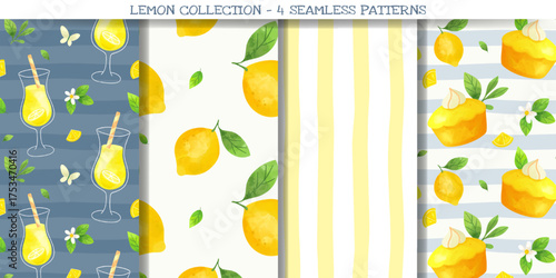 Watercolor citrus backgrounds with lemons, cakes and coctails. Lemon seamless patterns. Bright and fresh summer design.