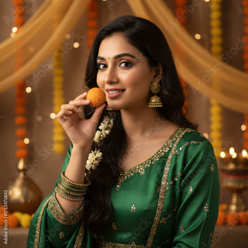 Smiling woman in green traditional attire holding sweet laddu during Diwali celebration with festive decoration background