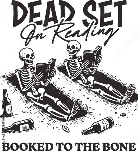 Two Skeletons Reading in Graves with Quote 